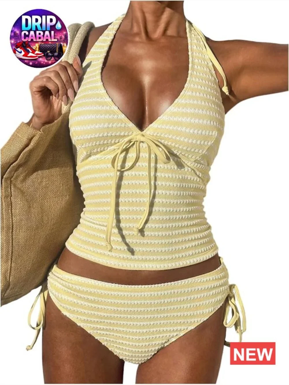 Striped High Waisted Halter 2 Piece Tankini with Removable Padding Soft Stretch
